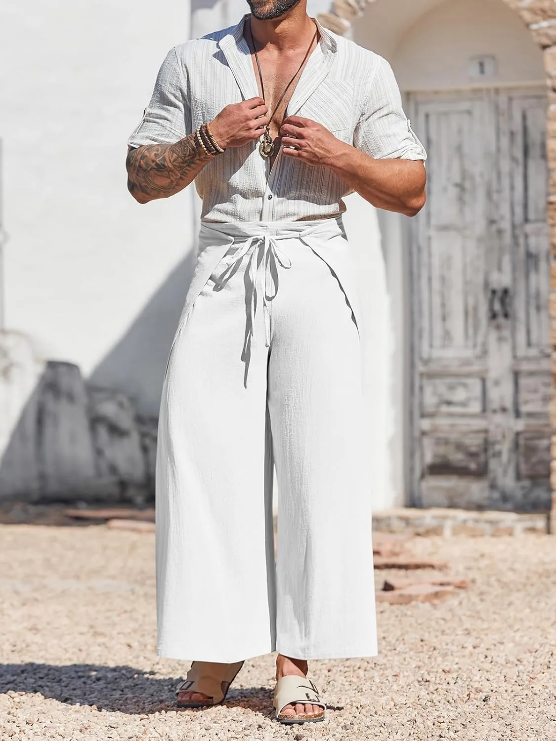 Runcati Mens Linen Wrap Pants Thai Fisherman Yoga Beach Hippie Lightweight Loose Fit Pants