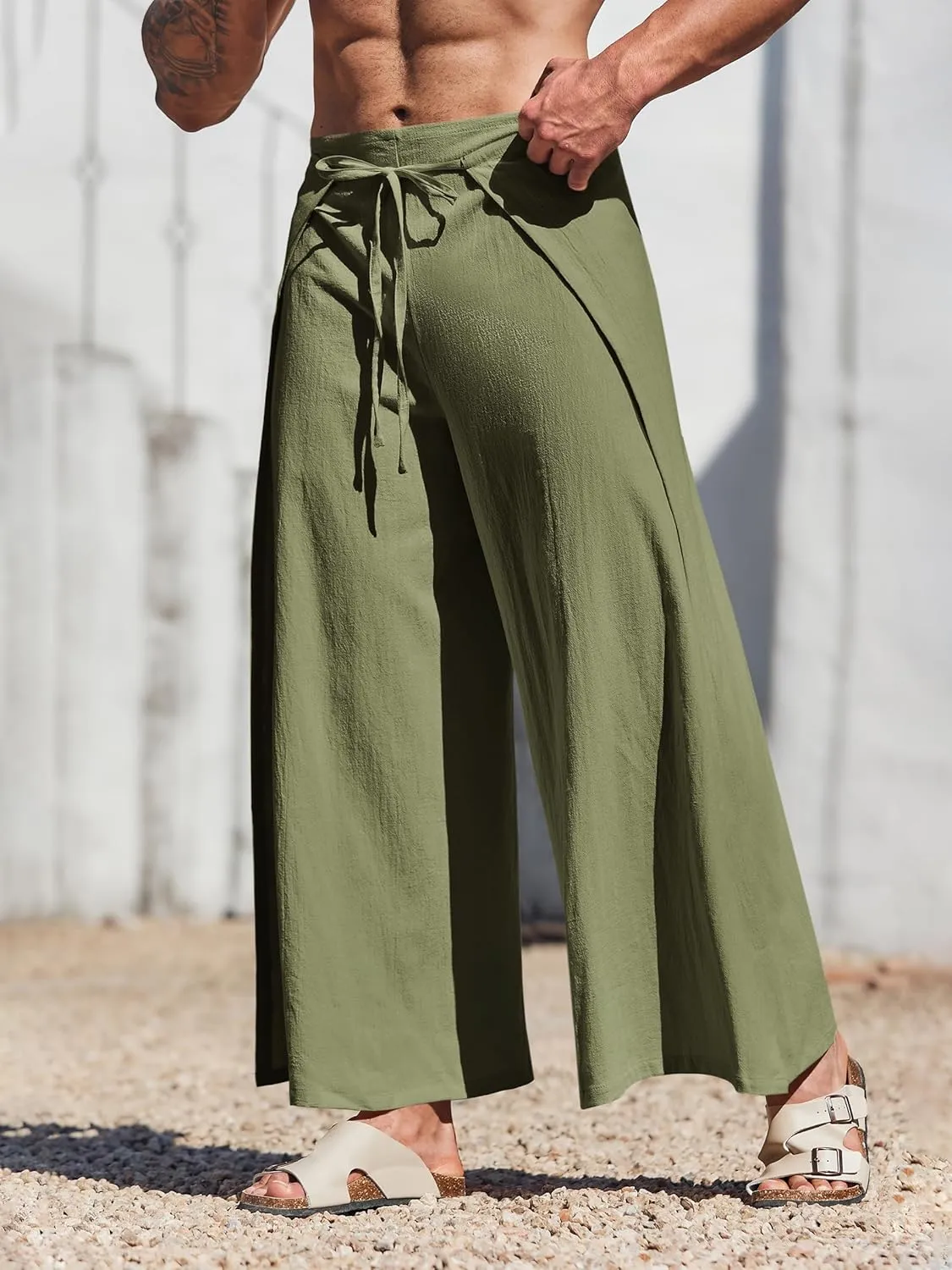 Runcati Mens Linen Wrap Pants Thai Fisherman Yoga Beach Hippie Lightweight Loose Fit Pants