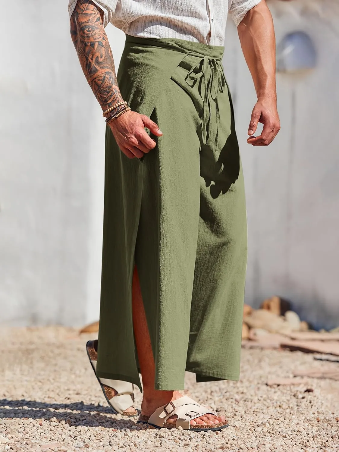 Runcati Mens Linen Wrap Pants Thai Fisherman Yoga Beach Hippie Lightweight Loose Fit Pants