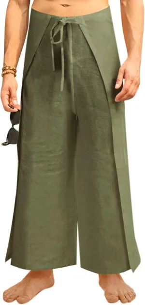 Runcati Mens Linen Wrap Pants Thai Fisherman Yoga Beach Hippie Lightweight Loose Fit Pants