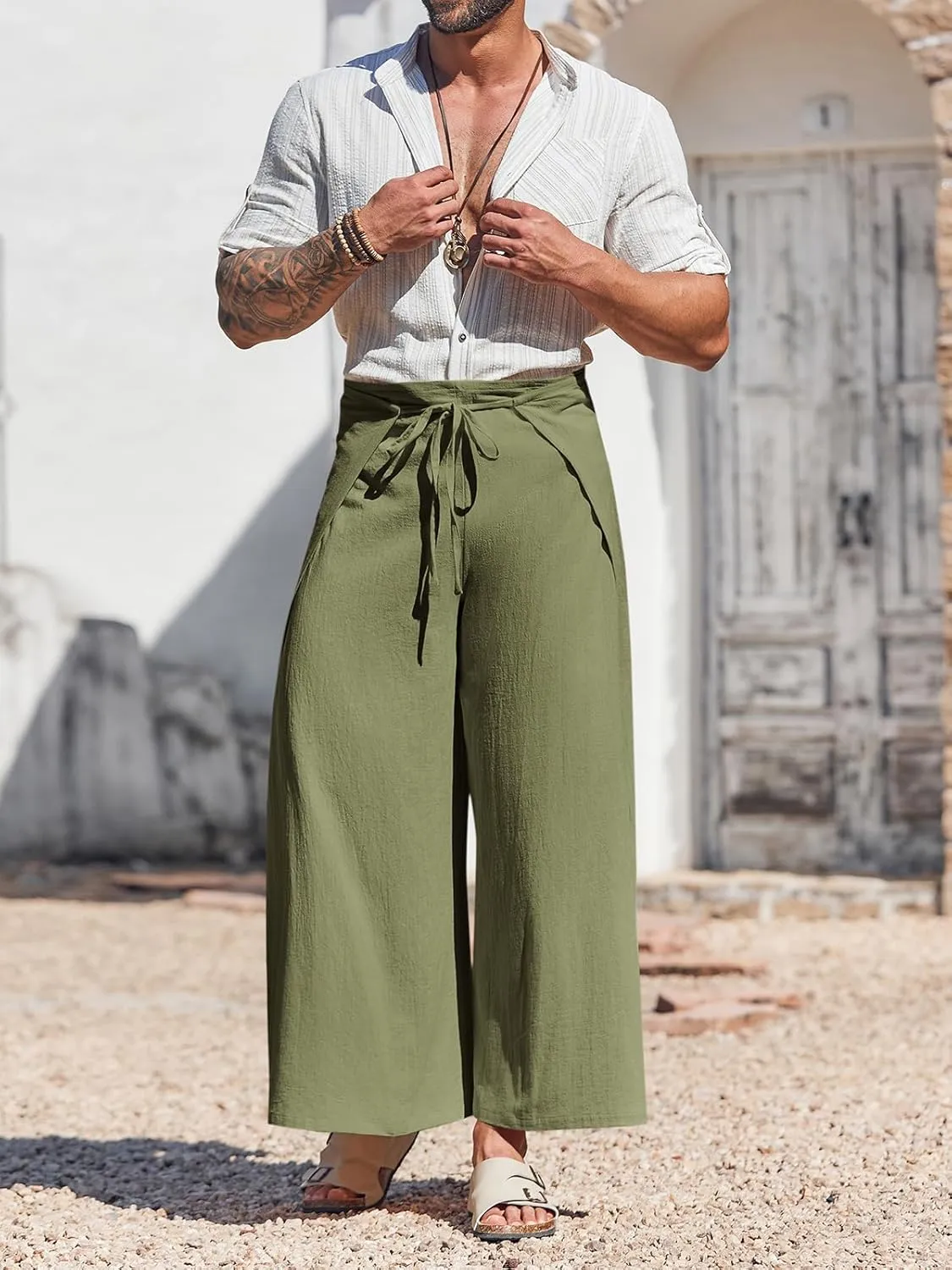 Runcati Mens Linen Wrap Pants Thai Fisherman Yoga Beach Hippie Lightweight Loose Fit Pants