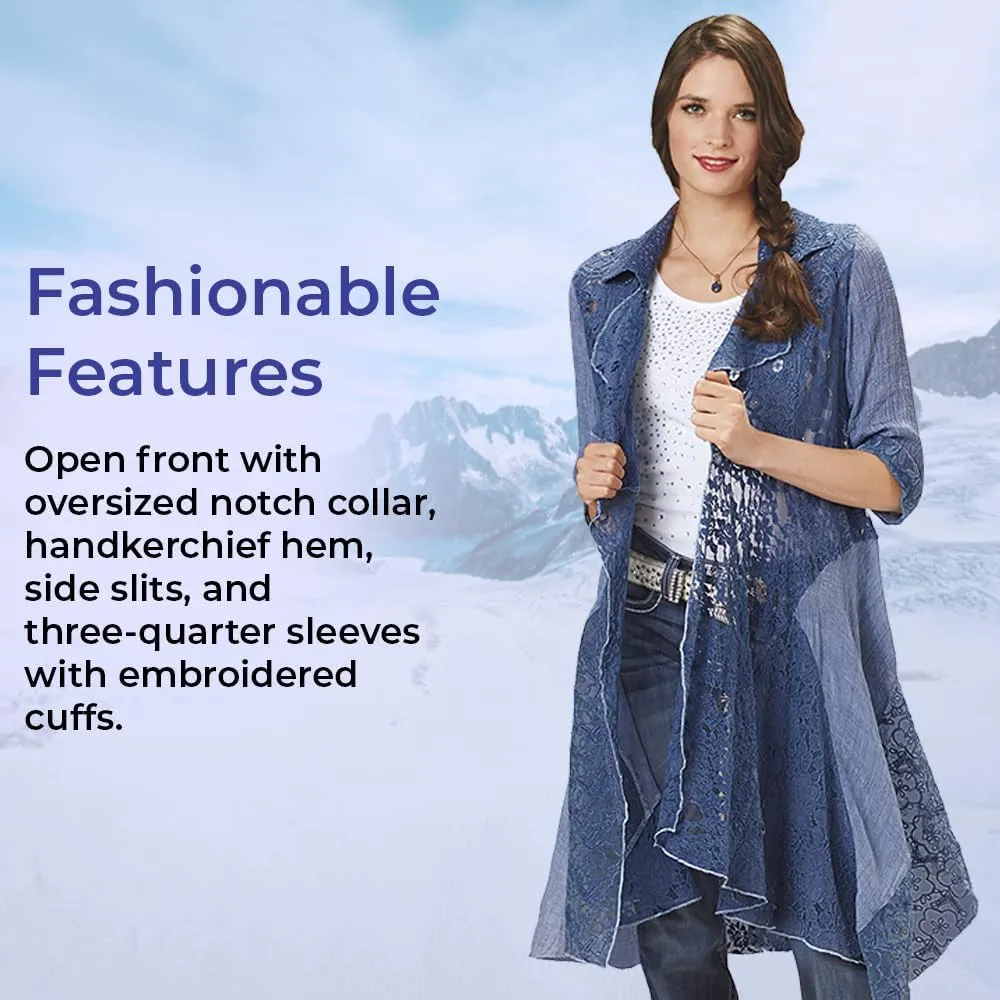 SAGEFINDS Arabella Lace Duster, Womens Blue Lightweight Jacket, Open Front Cardigan with Long Sleeves