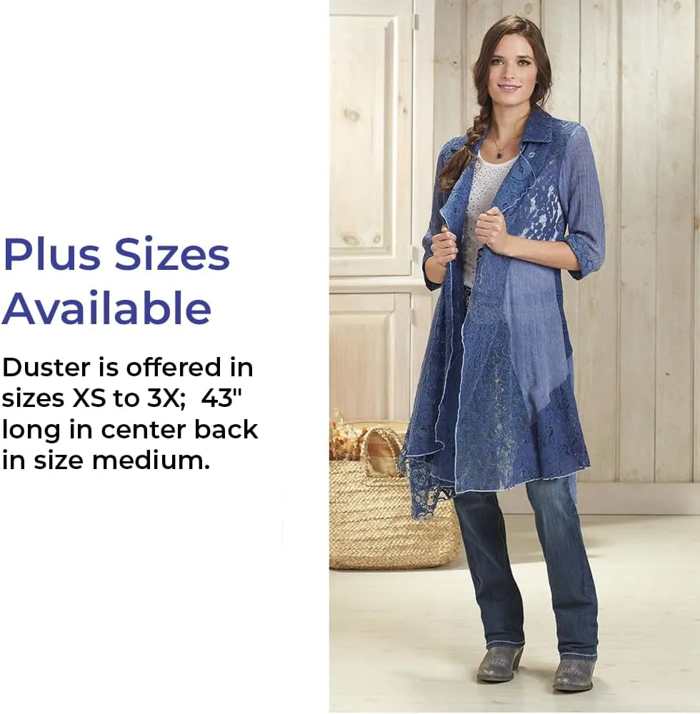 SAGEFINDS Arabella Lace Duster, Womens Blue Lightweight Jacket, Open Front Cardigan with Long Sleeves