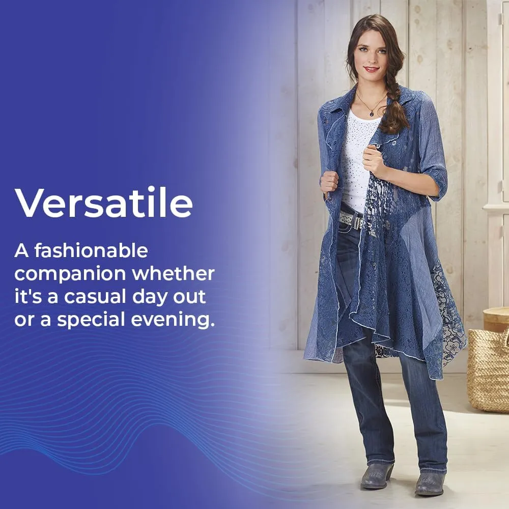 SAGEFINDS Arabella Lace Duster, Womens Blue Lightweight Jacket, Open Front Cardigan with Long Sleeves
