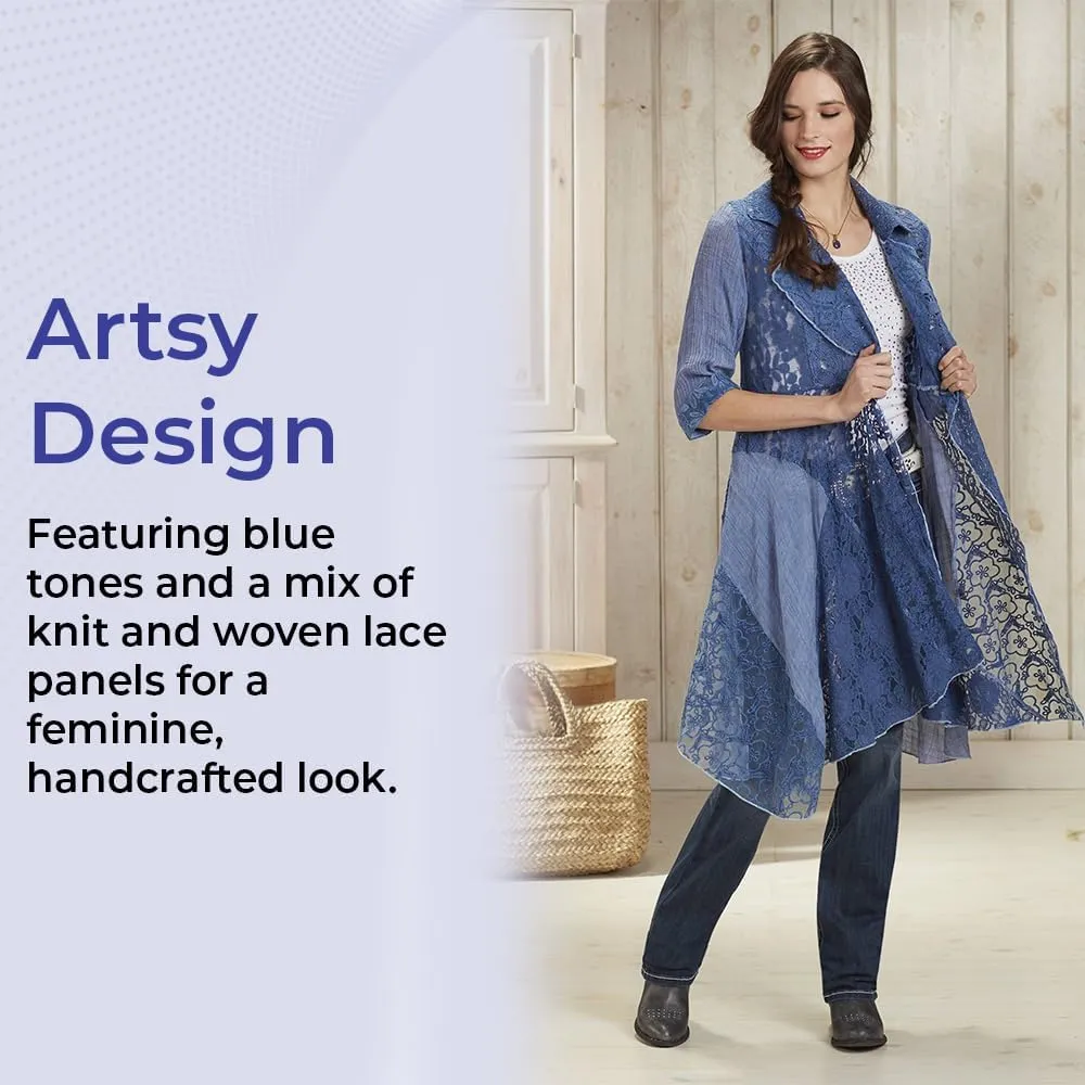 SAGEFINDS Arabella Lace Duster, Womens Blue Lightweight Jacket, Open Front Cardigan with Long Sleeves
