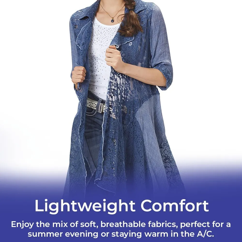 SAGEFINDS Arabella Lace Duster, Womens Blue Lightweight Jacket, Open Front Cardigan with Long Sleeves
