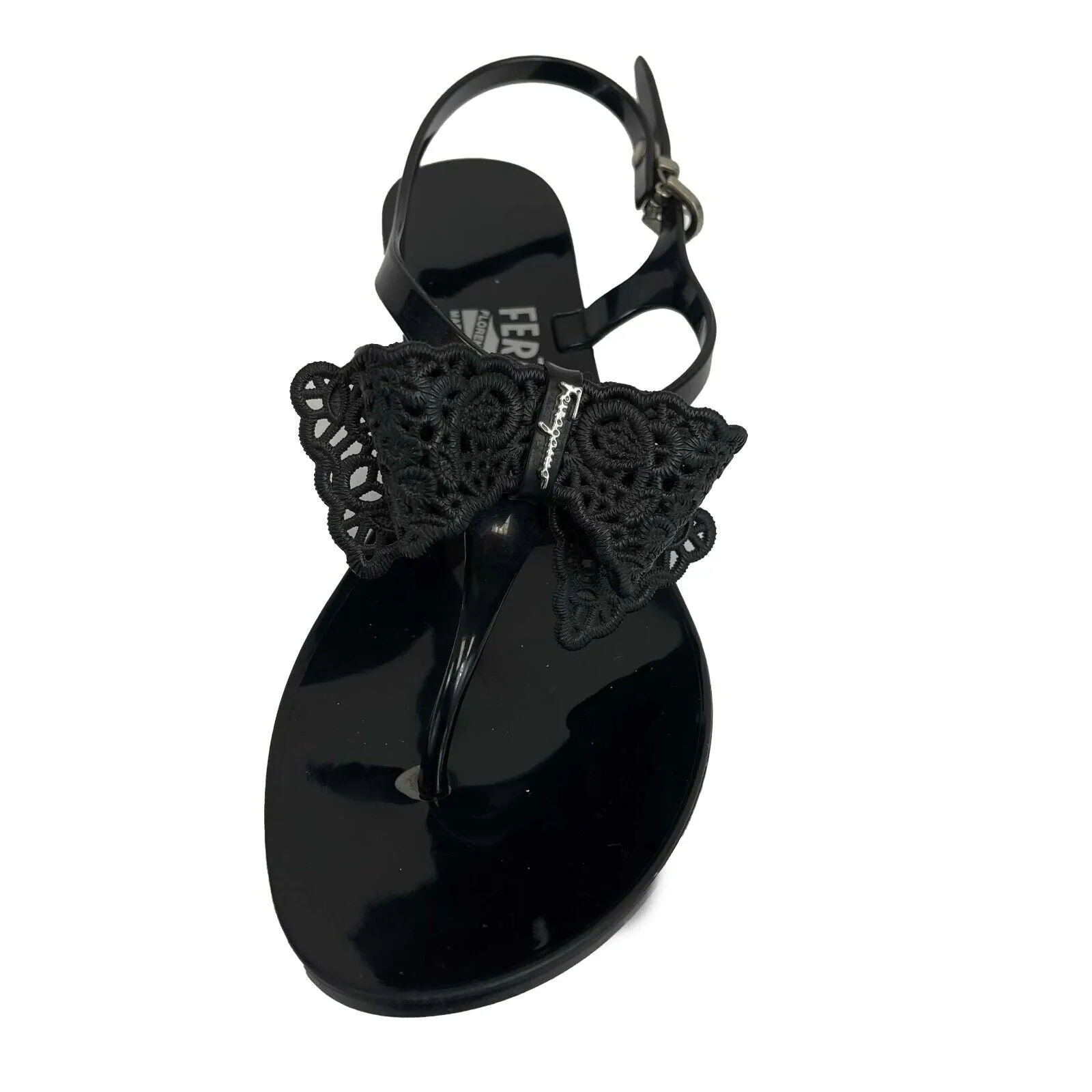 Salvatore Ferragamo - Rubber Strap Black Bow Block Heel Sandals - Size US 6