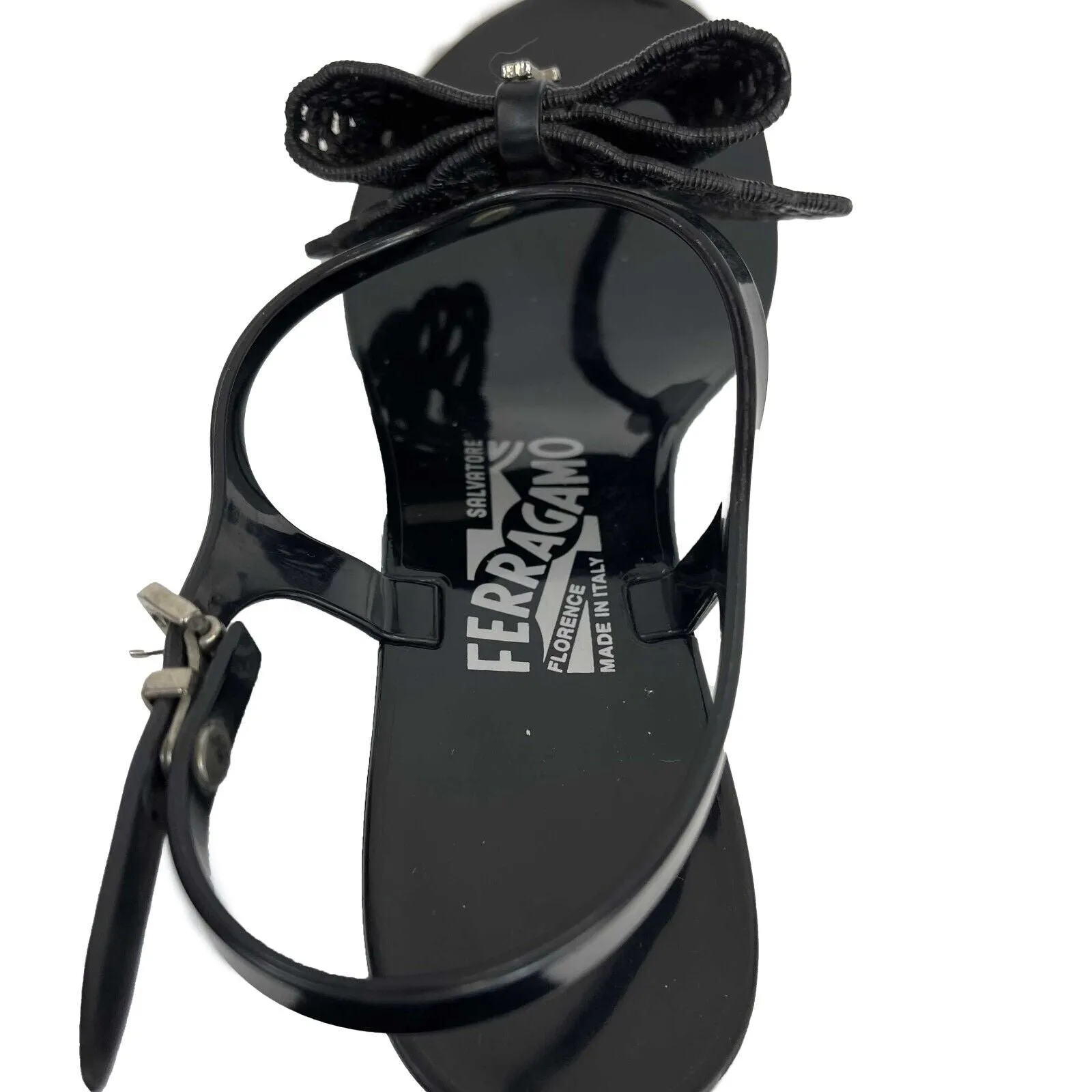 Salvatore Ferragamo - Rubber Strap Black Bow Block Heel Sandals - Size US 6