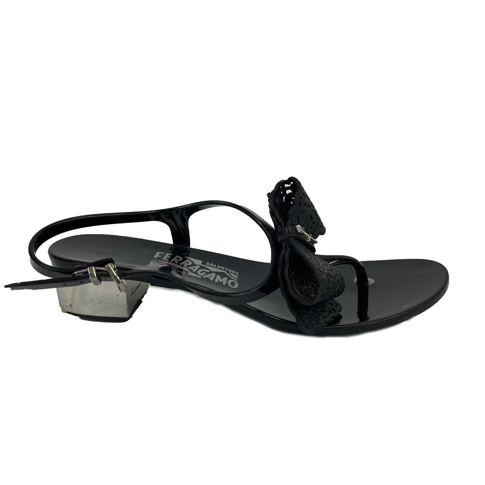 Salvatore Ferragamo - Rubber Strap Black Bow Block Heel Sandals - Size US 6