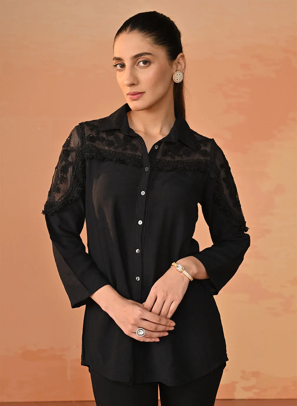 Samreen Black Embroidered Georgette Shirt for Women