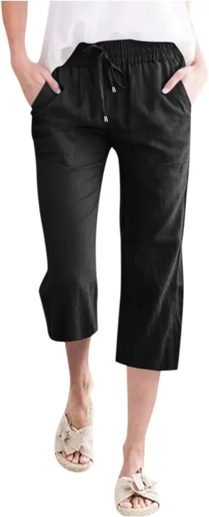 sdbrld Linen Pants Women Capris Casual Linen High Waist Trousers Drawstring Loose Fit Summer Pants Comfy Trousers with Pocket