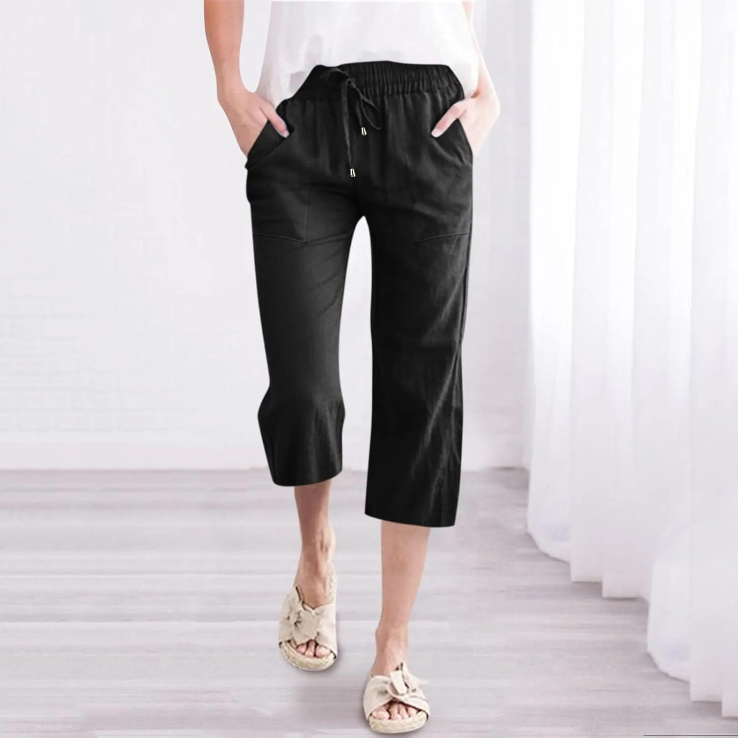 sdbrld Linen Pants Women Capris Casual Linen High Waist Trousers Drawstring Loose Fit Summer Pants Comfy Trousers with Pocket