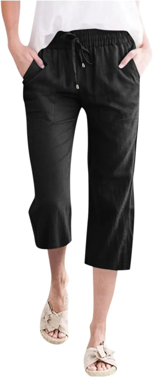 sdbrld Linen Pants Women Capris Casual Linen High Waist Trousers Drawstring Loose Fit Summer Pants Comfy Trousers with Pocket