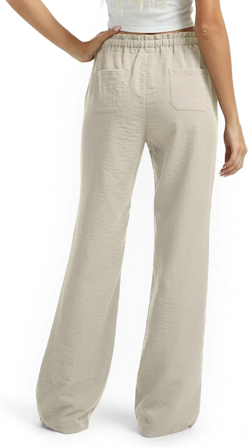 SEVEGO Tall Women Casual Linen Pants 30"/32"/34"/36" Inseam Drawstring Smocked Waist Beach Summer Trousers with Pockets