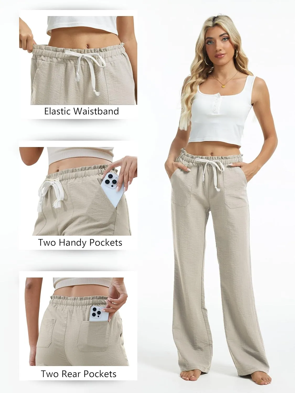 SEVEGO Tall Women Casual Linen Pants 30"/32"/34"/36" Inseam Drawstring Smocked Waist Beach Summer Trousers with Pockets