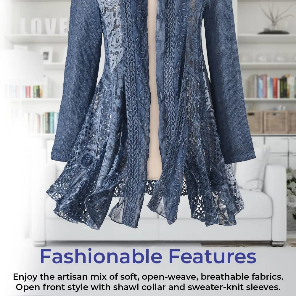 Shades of Blue Jacket, Womens Boho Lightweight Coat, Open Front Cardigan with Long Sleeves, Dressy or Casual Fashion