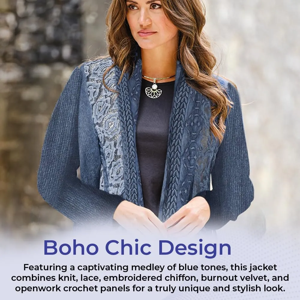 Shades of Blue Jacket, Womens Boho Lightweight Coat, Open Front Cardigan with Long Sleeves, Dressy or Casual Fashion