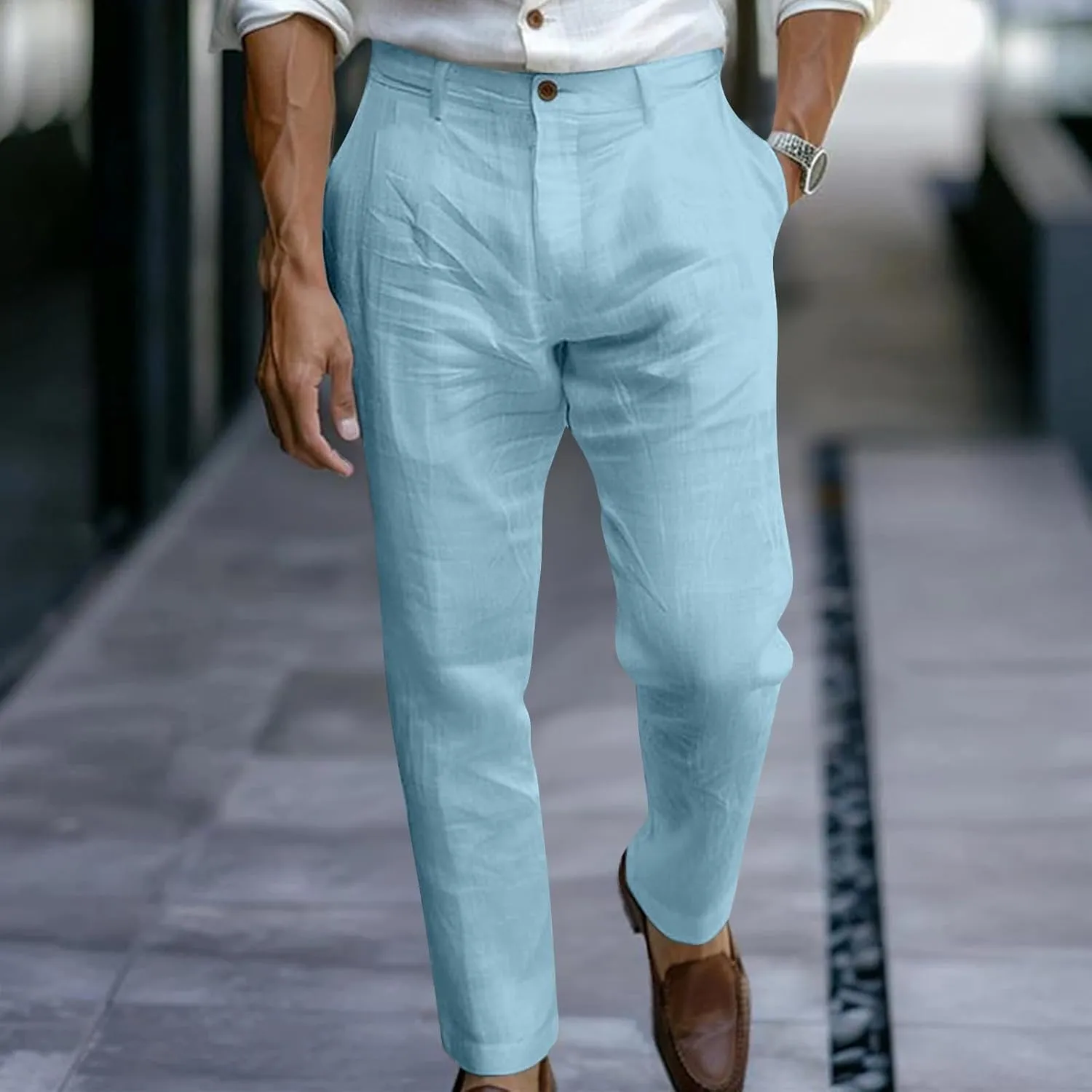 Sinzelimin Men's Linen Suit Pants Fashion Solid Color Button Zipper Closure Dressy Casual Wide Leg Sweatpant Work Trousers