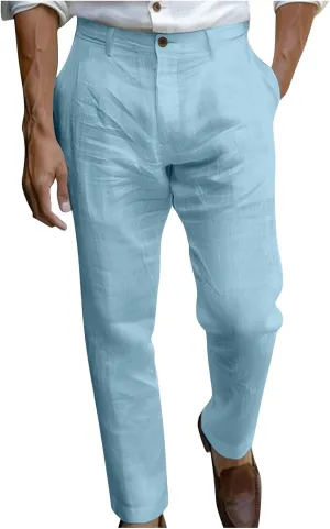 Sinzelimin Men's Linen Suit Pants Fashion Solid Color Button Zipper Closure Dressy Casual Wide Leg Sweatpant Work Trousers