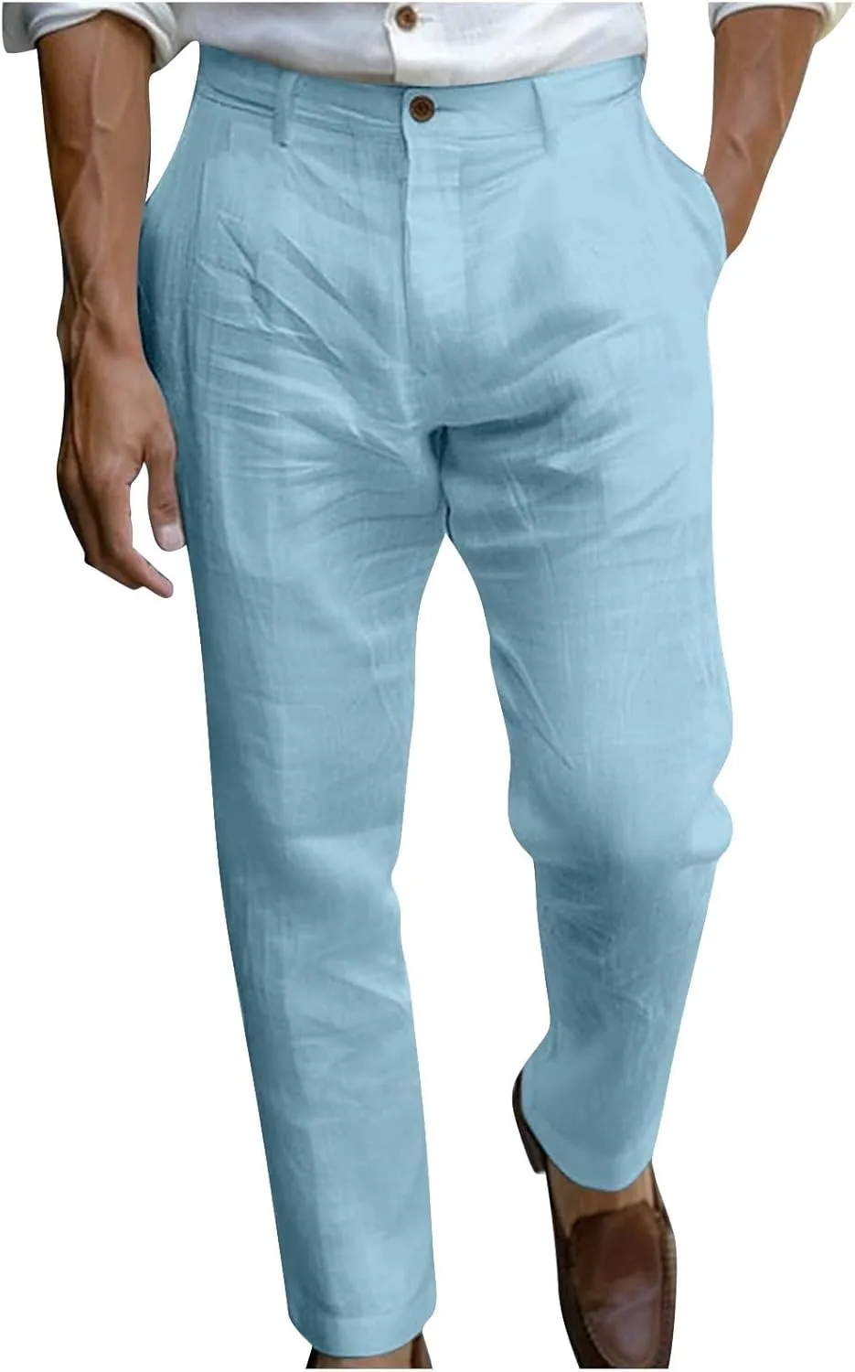 Sinzelimin Men's Linen Suit Pants Fashion Solid Color Button Zipper Closure Dressy Casual Wide Leg Sweatpant Work Trousers