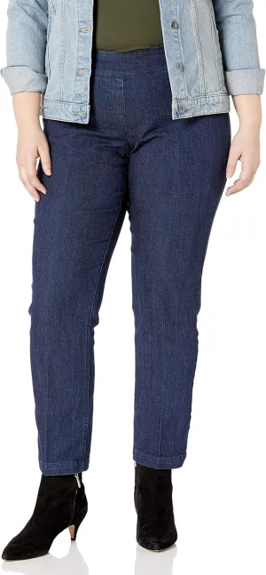 SLIM-SATION Women's Plus Size Wide Band Tall Pull-on Straight Leg Pant with Tummy Control