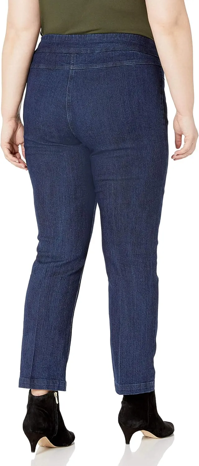 SLIM-SATION Women's Plus Size Wide Band Tall Pull-on Straight Leg Pant with Tummy Control