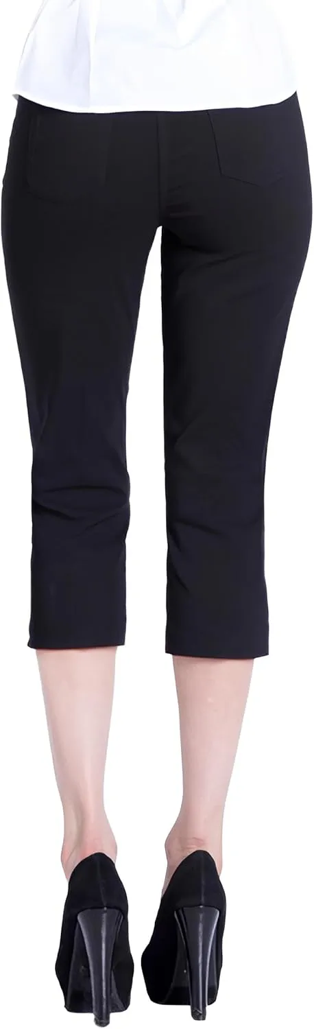 SLIM-SATION Women's Wide Band Pull on Straight Leg Capri with Tummy Control