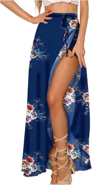 Slit Skirt for Women Floral Boho Long Skirts Tie Up Waist Summer Beach Wrap Cover Up Maxi Skirt Sexy Holiday Party Dresses