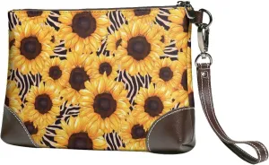 Small Clutch Purses for Women - Artistic Zebra Print Sunflower Leather Wristlet Wallets for Women with Wrist Strap