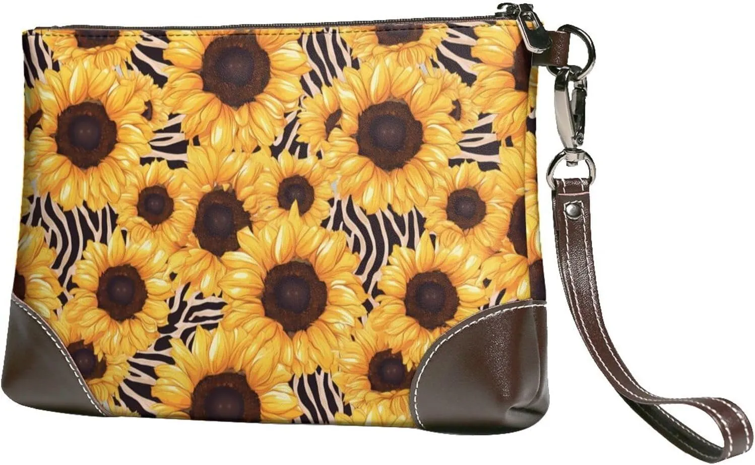 Small Clutch Purses for Women - Artistic Zebra Print Sunflower Leather Wristlet Wallets for Women with Wrist Strap