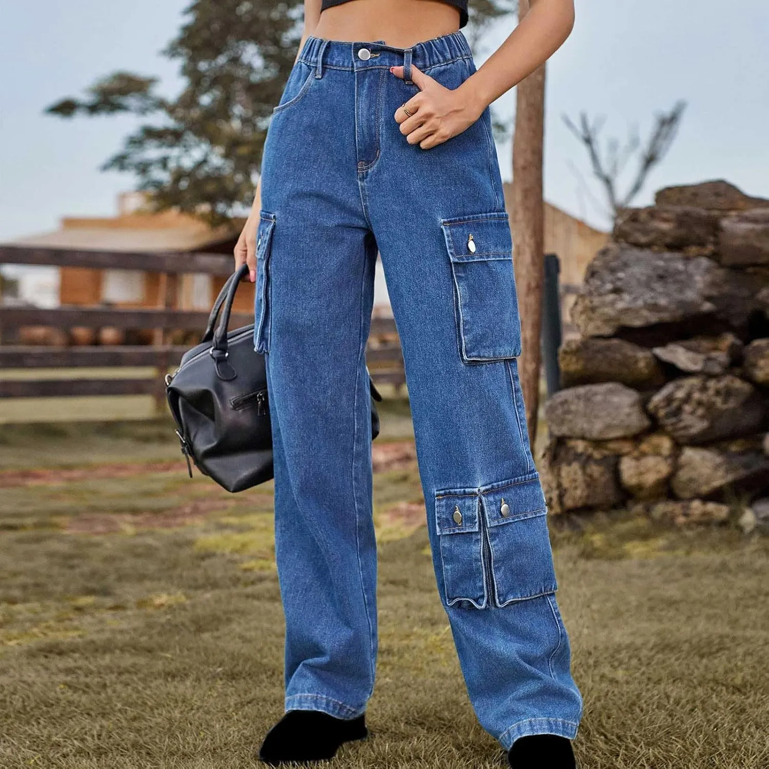 SMIDOW High Waist Denim Cargo Pants for Women Casual Baggy Straight Wide Leg Pants Trendy Y2K Streetwear Jeans