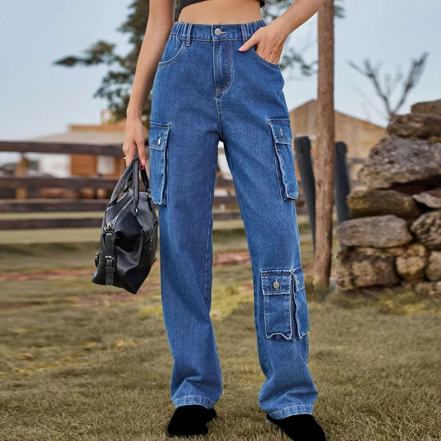 SMIDOW High Waist Denim Cargo Pants for Women Casual Baggy Straight Wide Leg Pants Trendy Y2K Streetwear Jeans