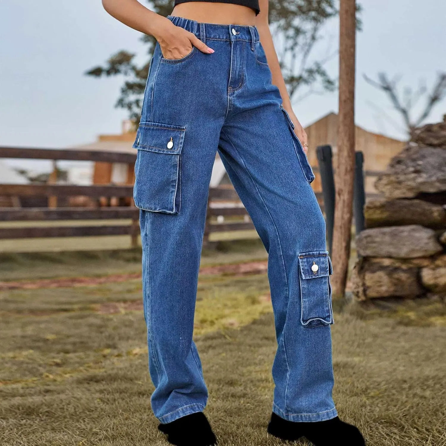 SMIDOW High Waist Denim Cargo Pants for Women Casual Baggy Straight Wide Leg Pants Trendy Y2K Streetwear Jeans