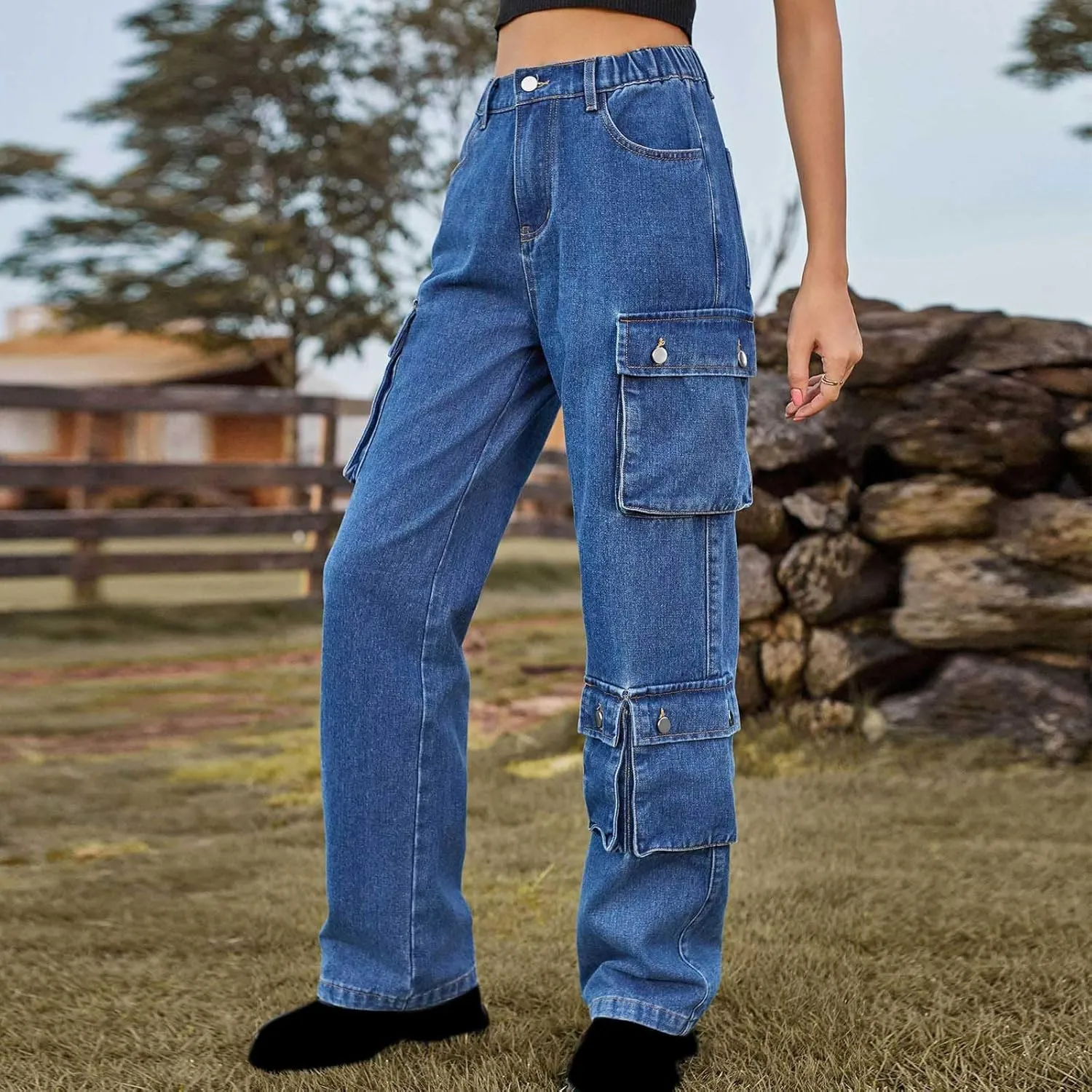 SMIDOW High Waist Denim Cargo Pants for Women Casual Baggy Straight Wide Leg Pants Trendy Y2K Streetwear Jeans