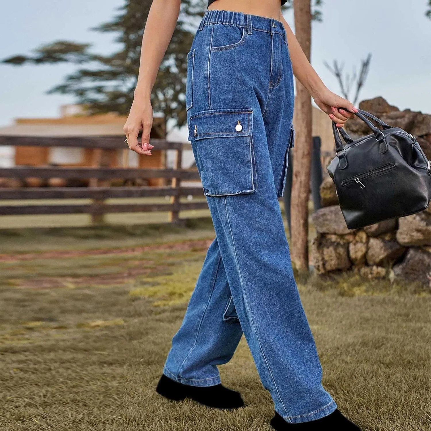SMIDOW High Waist Denim Cargo Pants for Women Casual Baggy Straight Wide Leg Pants Trendy Y2K Streetwear Jeans