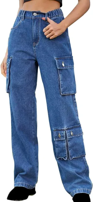 SMIDOW High Waist Denim Cargo Pants for Women Casual Baggy Straight Wide Leg Pants Trendy Y2K Streetwear Jeans