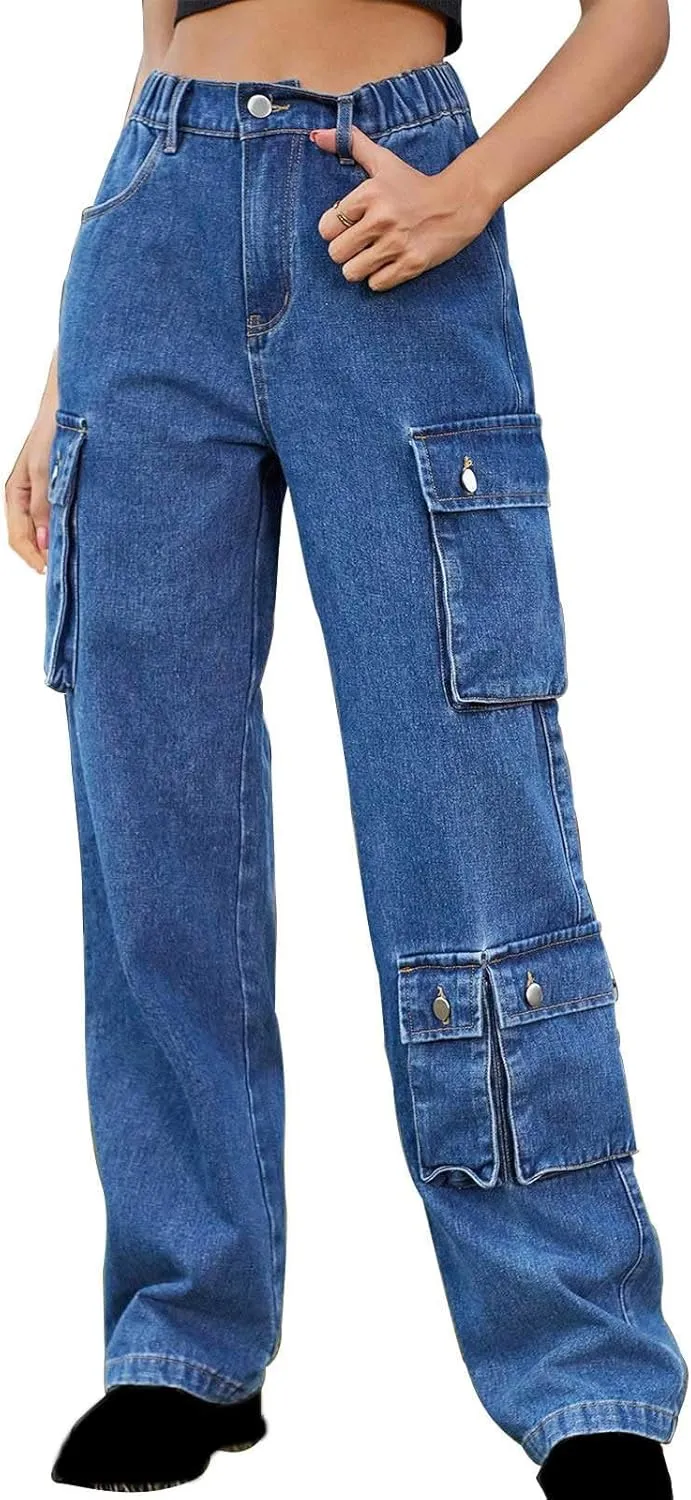 SMIDOW High Waist Denim Cargo Pants for Women Casual Baggy Straight Wide Leg Pants Trendy Y2K Streetwear Jeans