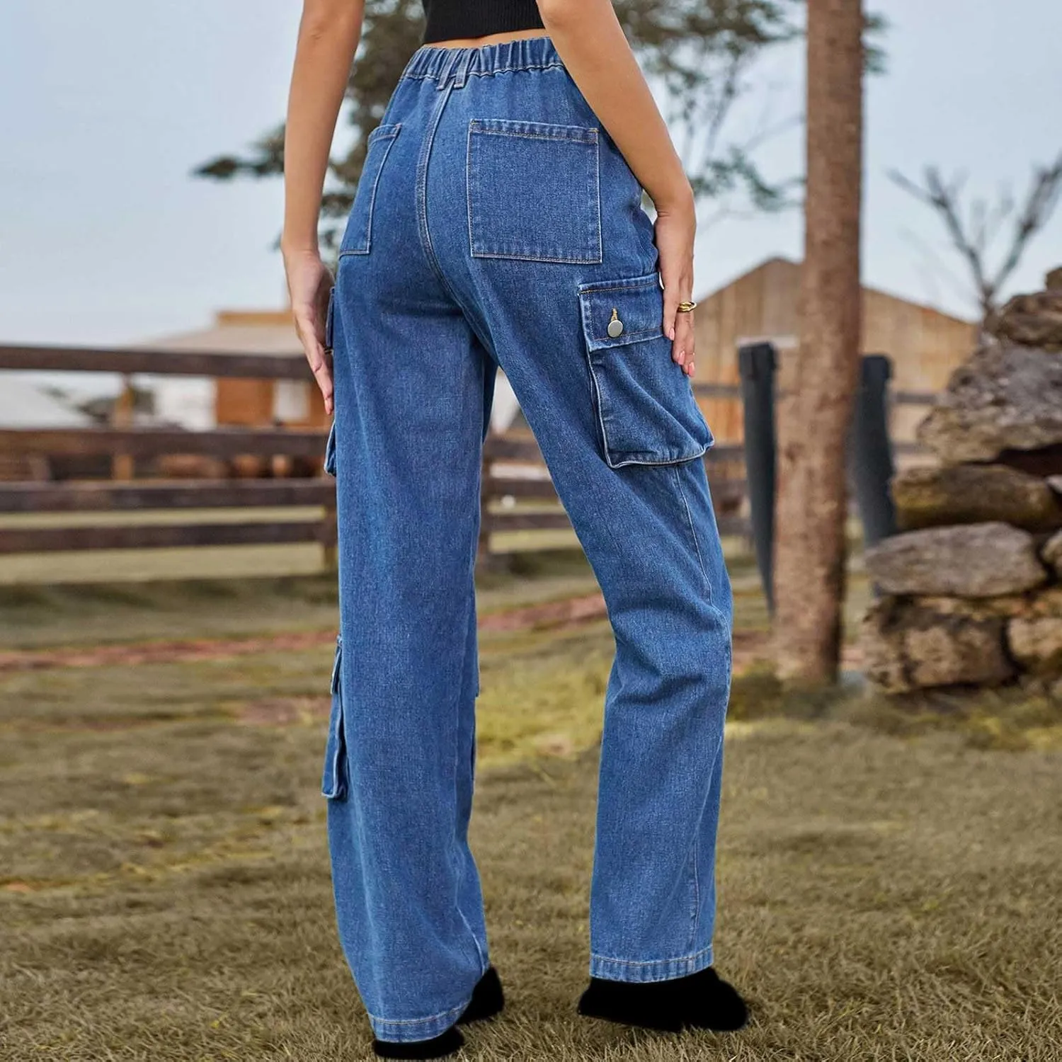 SMIDOW High Waist Denim Cargo Pants for Women Casual Baggy Straight Wide Leg Pants Trendy Y2K Streetwear Jeans
