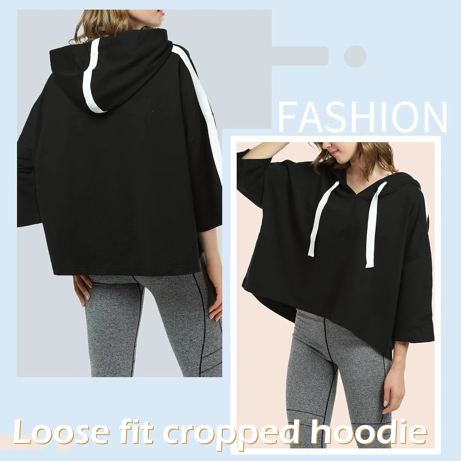 Solaris Loose Women's Crop Tops Hoodie Sweatshirt, 3/4 Sleeve Comfortable Soft Pullover T-Shirt for Outdoor Running