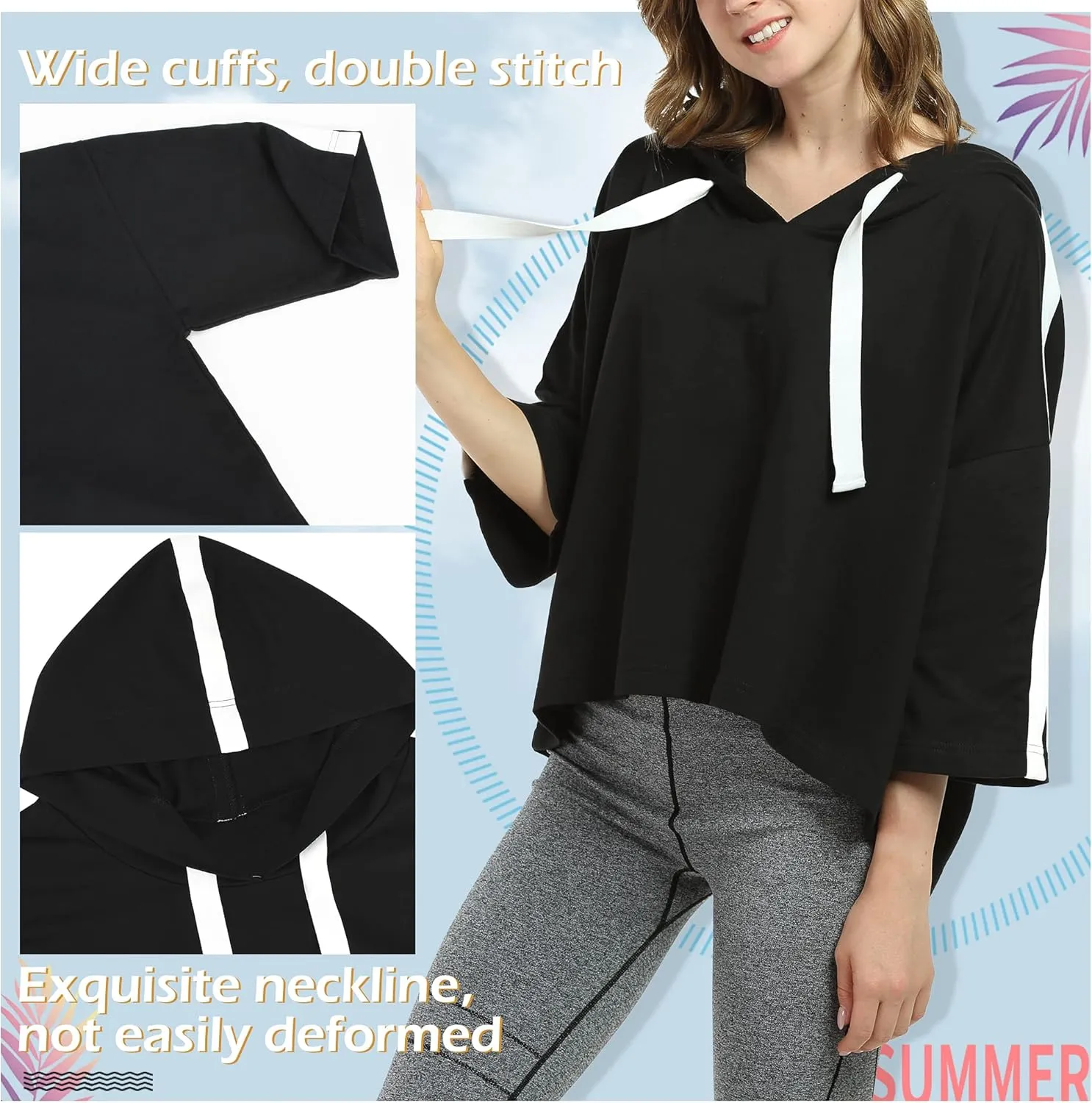 Solaris Loose Women's Crop Tops Hoodie Sweatshirt, 3/4 Sleeve Comfortable Soft Pullover T-Shirt for Outdoor Running
