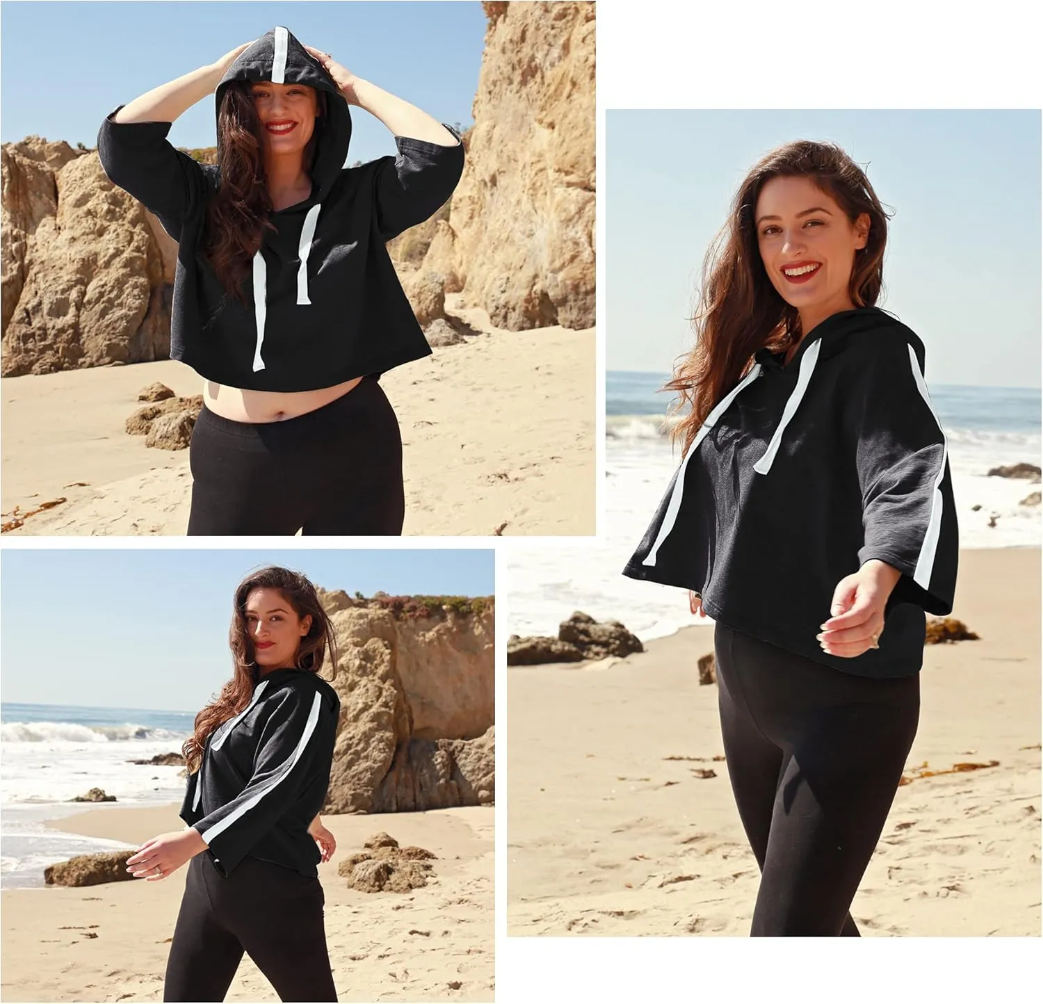 Solaris Loose Women's Crop Tops Hoodie Sweatshirt, 3/4 Sleeve Comfortable Soft Pullover T-Shirt for Outdoor Running