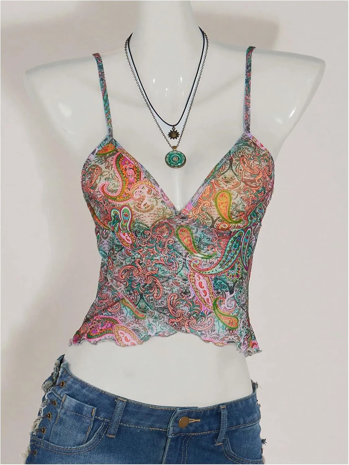 SOLY HUX Women's Boho Printed Camisole Tops Spaghetti Strap Fitted Beach Vacation Crop Cami Shirts