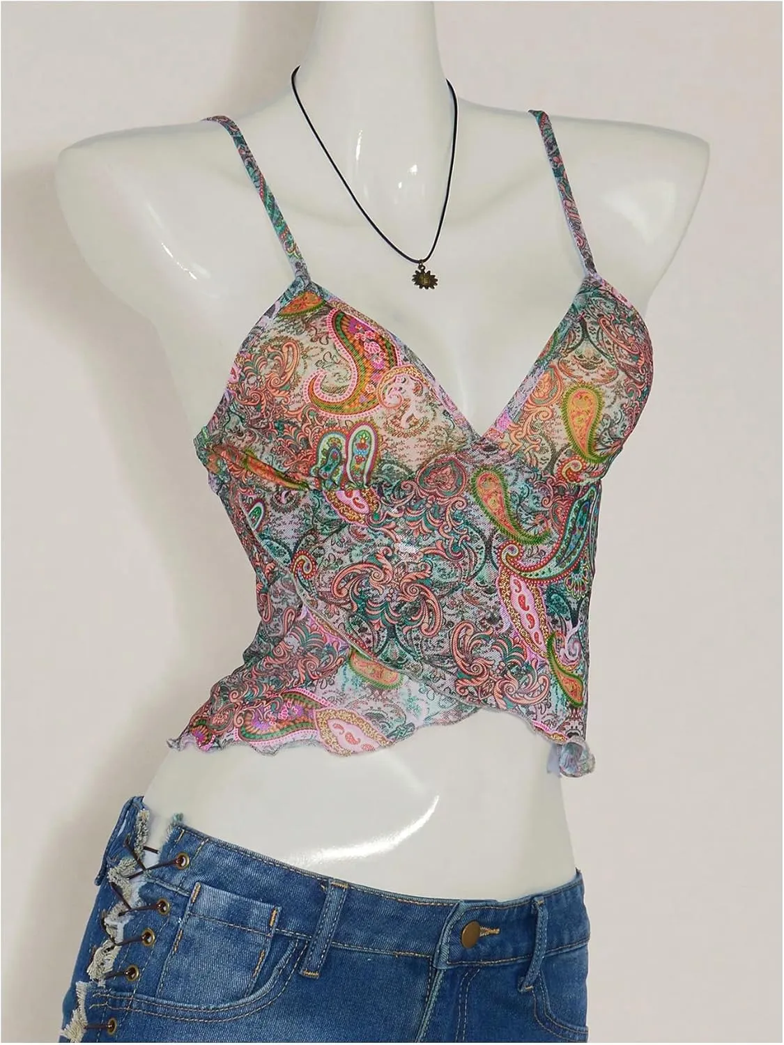 SOLY HUX Women's Boho Printed Camisole Tops Spaghetti Strap Fitted Beach Vacation Crop Cami Shirts