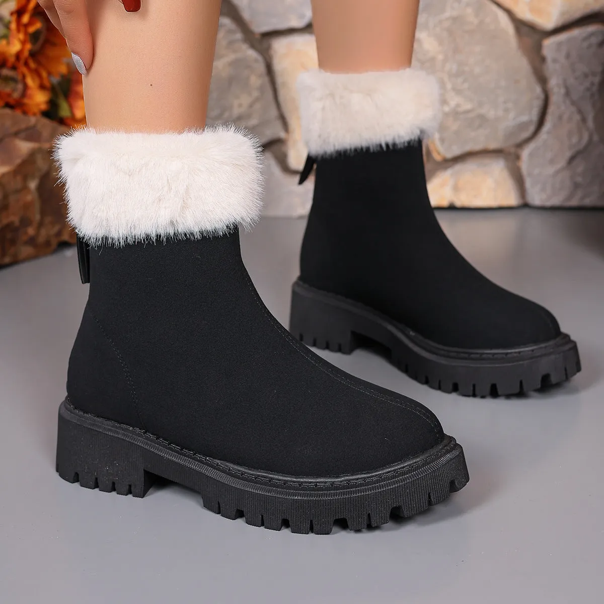 Square-heeled Snow Boots Winter Plus Velvet Platform Plush Shoes Fashion Warm Non-slip Mid-calf Boot
