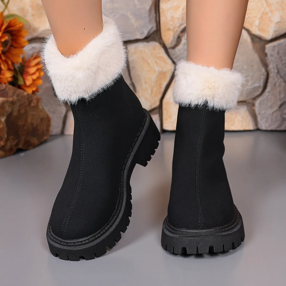 Square-heeled Snow Boots Winter Plus Velvet Platform Plush Shoes Fashion Warm Non-slip Mid-calf Boot