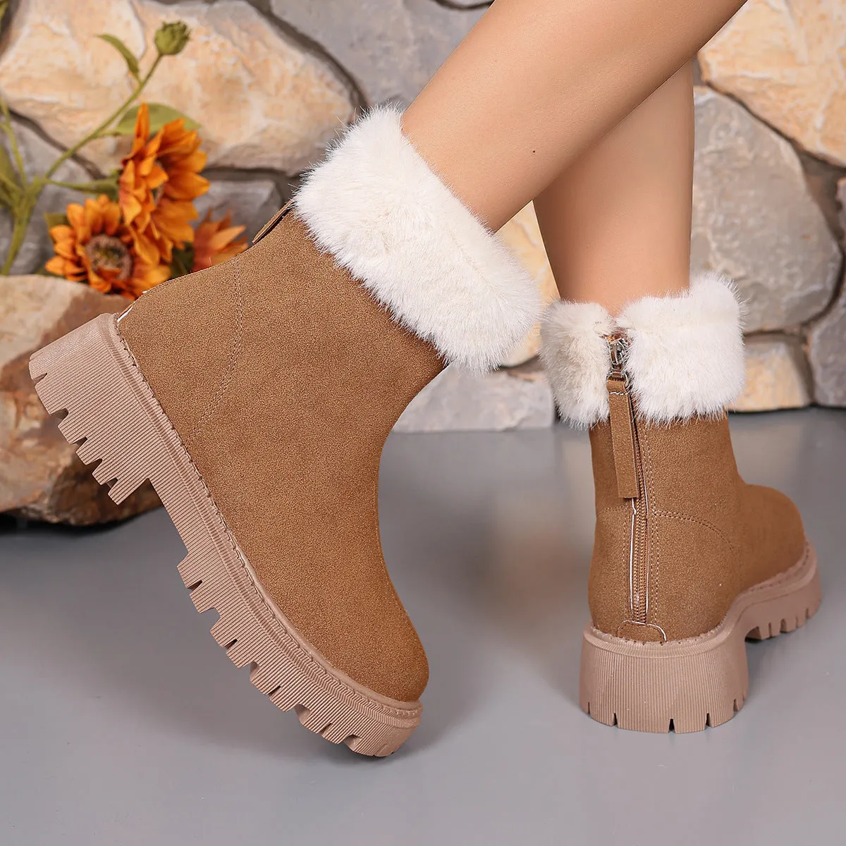 Square-heeled Snow Boots Winter Plus Velvet Platform Plush Shoes Fashion Warm Non-slip Mid-calf Boot