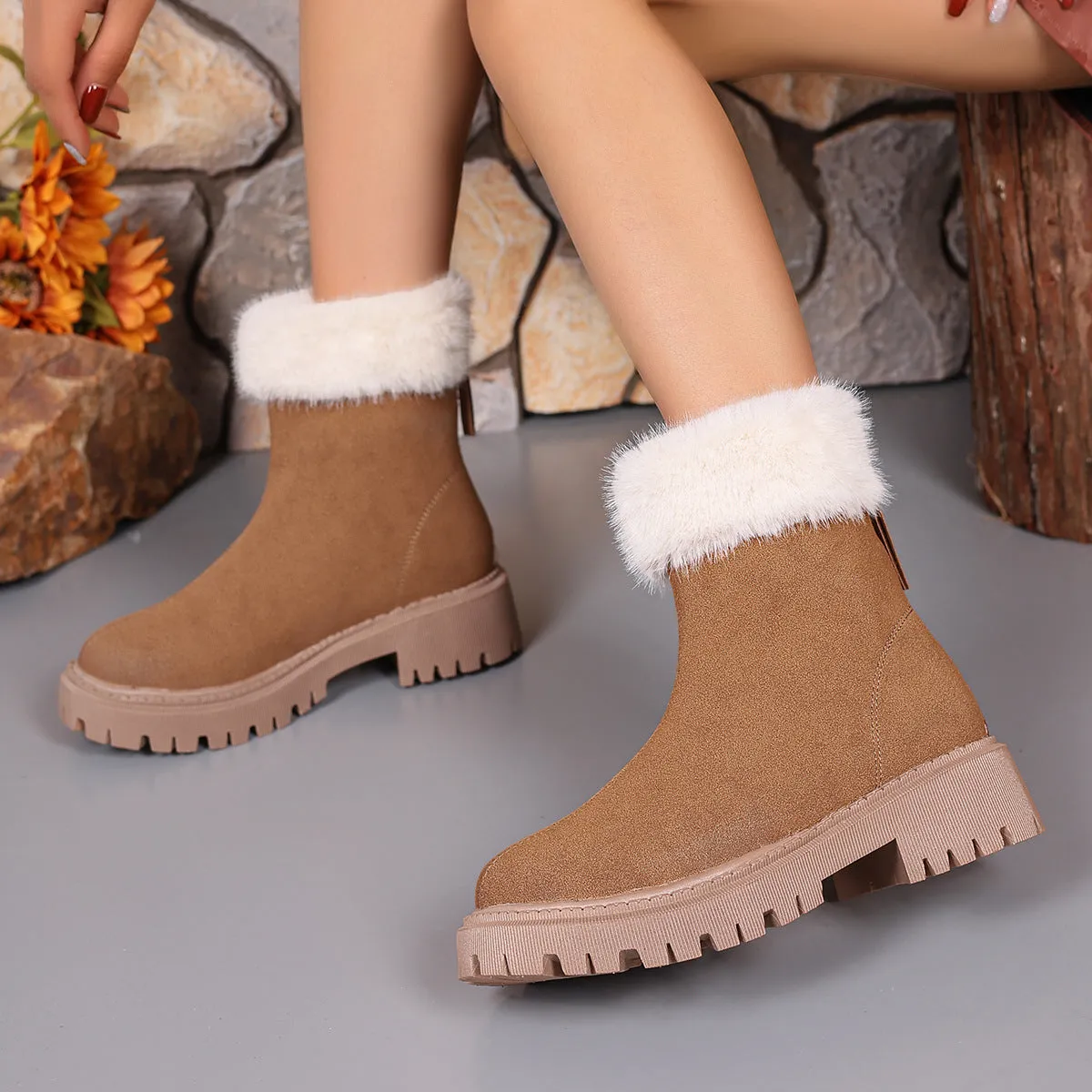 Square-heeled Snow Boots Winter Plus Velvet Platform Plush Shoes Fashion Warm Non-slip Mid-calf Boot