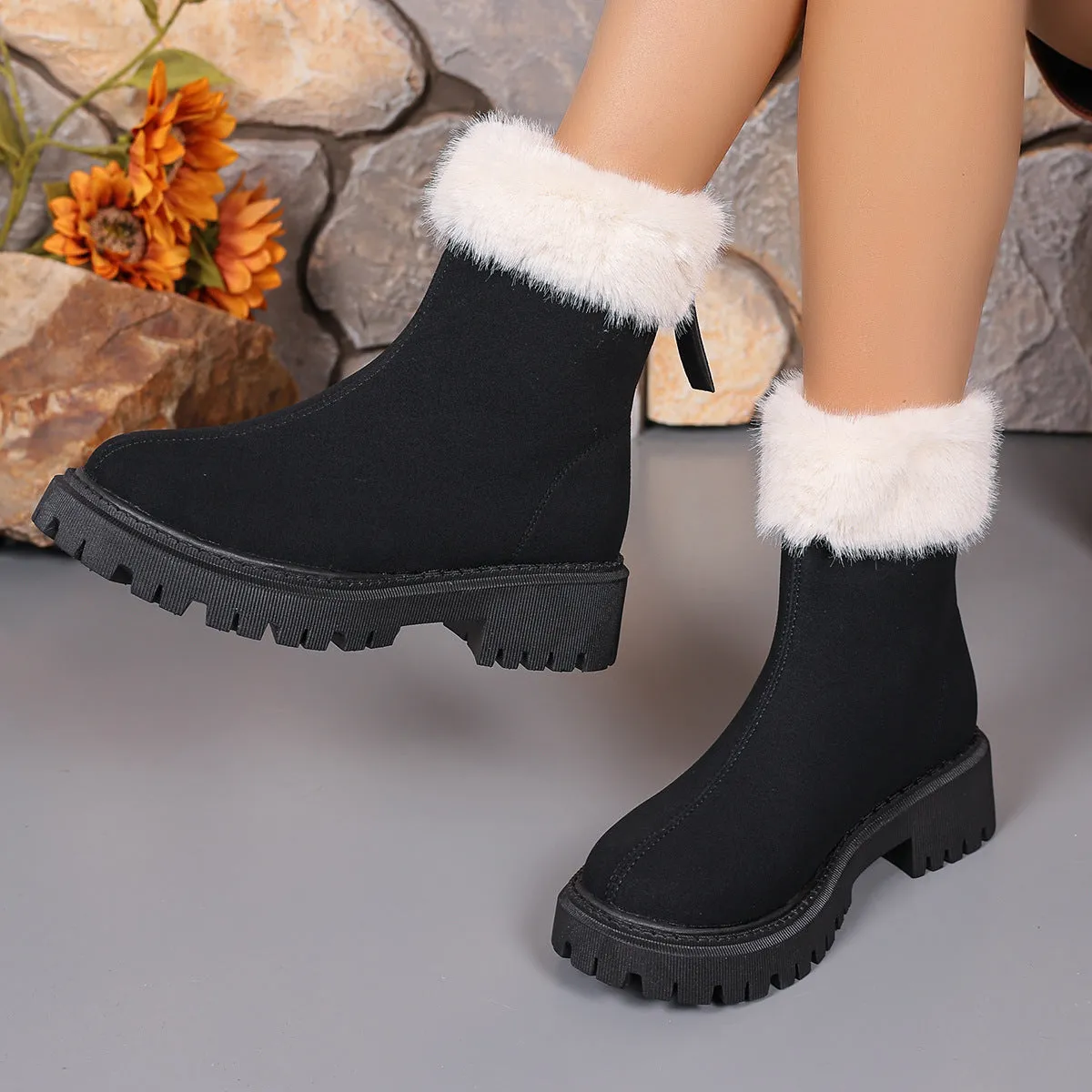 Square-heeled Snow Boots Winter Plus Velvet Platform Plush Shoes Fashion Warm Non-slip Mid-calf Boot