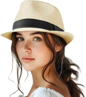 Straw Fedora Hat for Women Men Packable Short Brim Roll Up Trilby Hat Panama Summer Beach Sun Hat UPF 50 