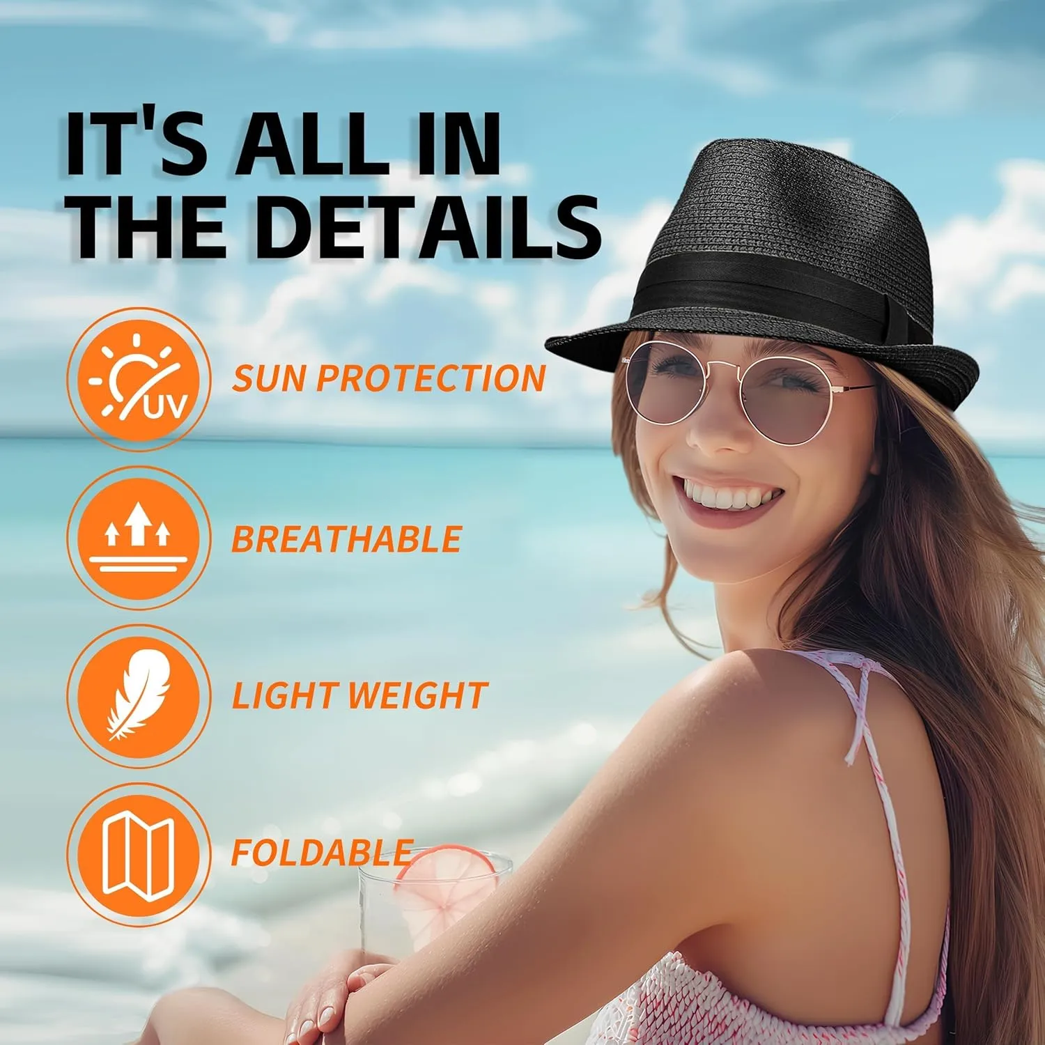 Straw Fedora Hat for Women Men Packable Short Brim Roll Up Trilby Hat Panama Summer Beach Sun Hat UPF 50 